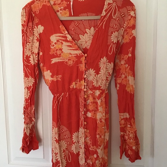 Free people orange floral midi dress Sz XS - Picture 3 of 7